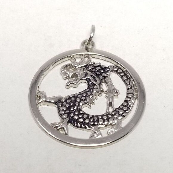 Vintage Dragon Circle Shape Pendant, Silver Tone, Four Toe, Unisex Estate - Picture 2 of 5